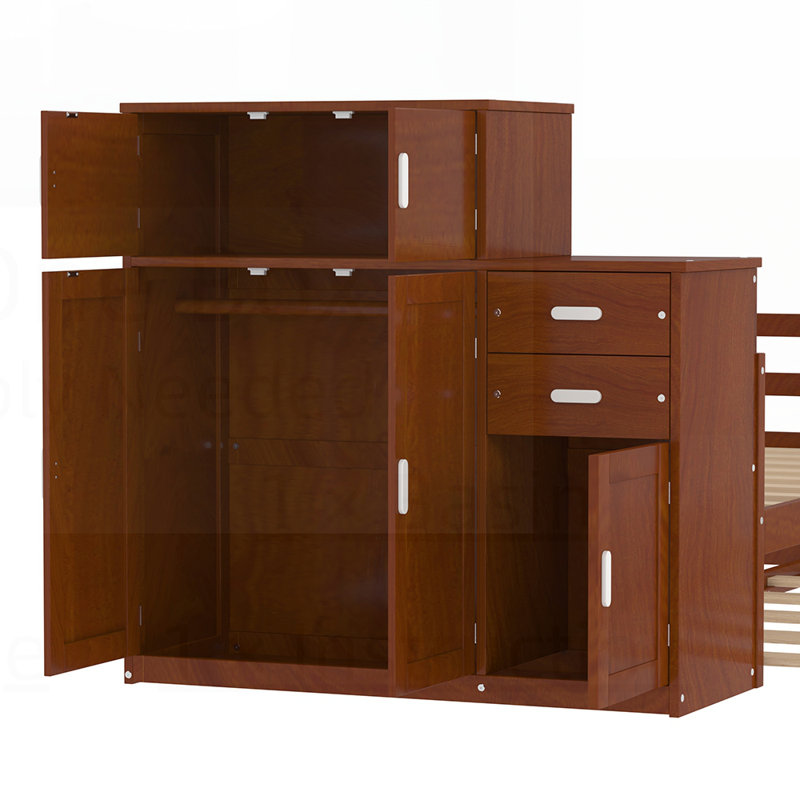 Lit plateforme en bois avec bibliothèque pour échantillon et garde-robe mobile, lit multifonctionnel avec lit gigogne intégré pour les espaces compacts
