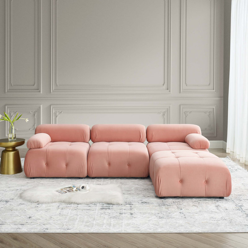 Canapé modulaire modulaire, capitonné à boutons et bricolage, canapé en forme de L avec repose-pieds réversible, Velours rose