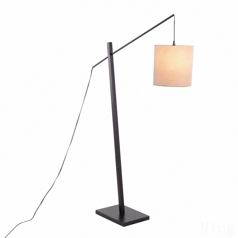 Contemporary Floor Lamp In Black Wood And Black Steel With Grey Fabric Shade By Lumisource, Black, Beige