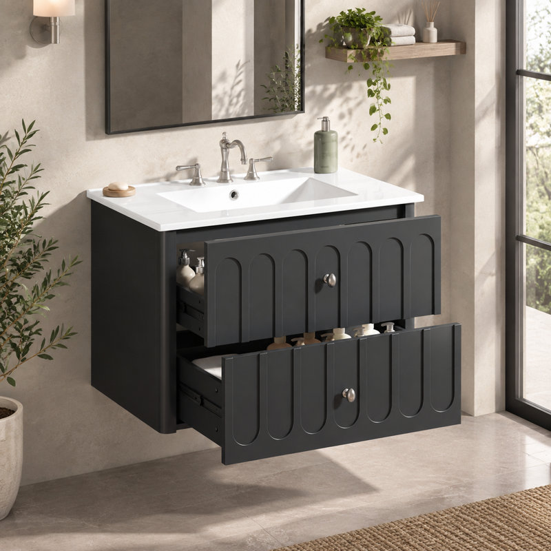 Meuble-lavabo mural moderne de 76,4 cm (30,08 po) avec tiroirs à fermeture amortie et lavabo en céramique