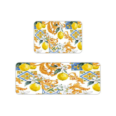 Yellow Orange Baroque Lemon Kitchen Mats,2 Pcs,For Kitchen & Entryway