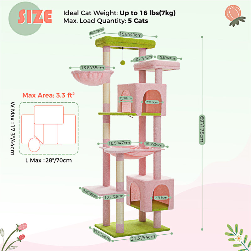 Tour pour arbre à chat de 69 po de hauteur pour grands chats d'intérieur avec super grand hamac, poteaux à griffer, maisonnette et grand perchoir supérieur, lit pour chat, maisonnette pour chat