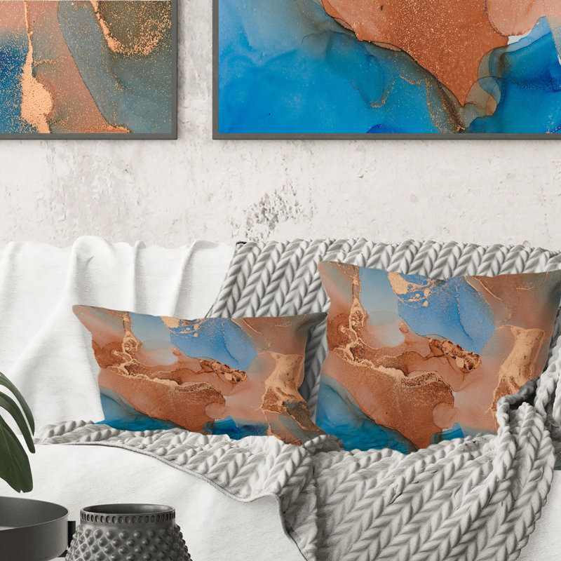 Bleu et brun, luxe, abstrait, art fluide, art moderne, coussin décoratif moderne, 18 po x 18 po