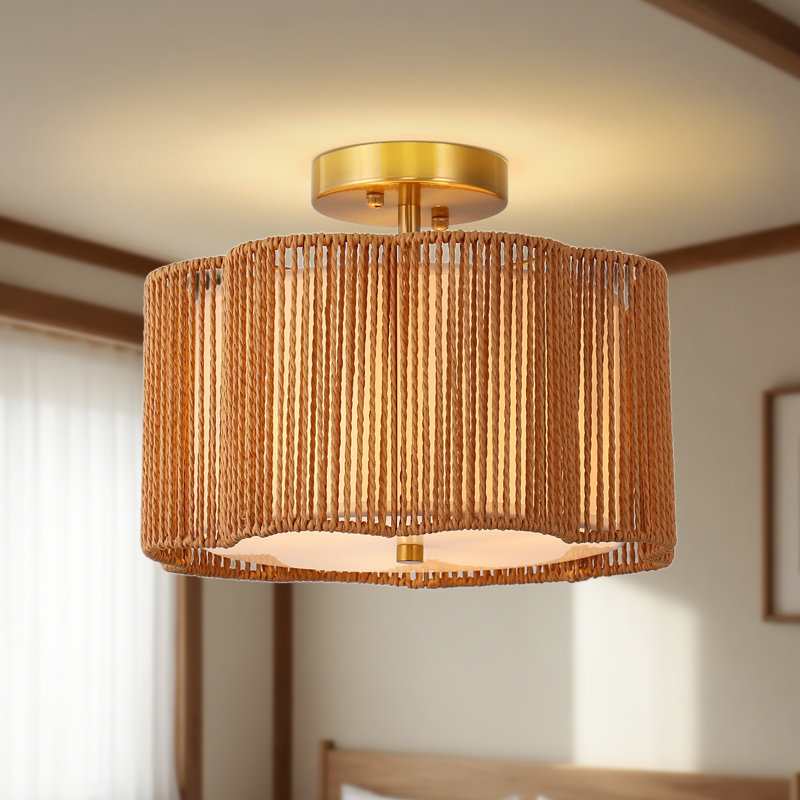 Dimmable Semi Flush Mount Ceiling Light Rattan Drum Pendant Lighting Chandelier, Bronze