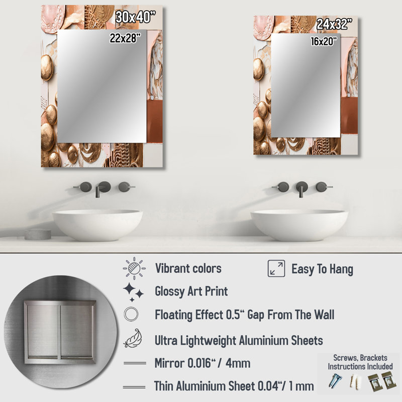 Gold And White Geometric Serenity II - Geometric Unique Wall Mirror, Gold Mirror, Printed Metal Art, 32" x 24"