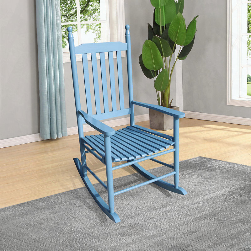 Chaise berçante en bois avec dossier à lattes, Bleu