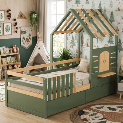 Kids Wooden House Bed Frame, 3ft Single Bed 90x190cm, Pine & MDF Bed with Safety Guardrail, 2 Rolling Storage Drawers, Playhouse Roof & Opening Window, Green & Natural Finish