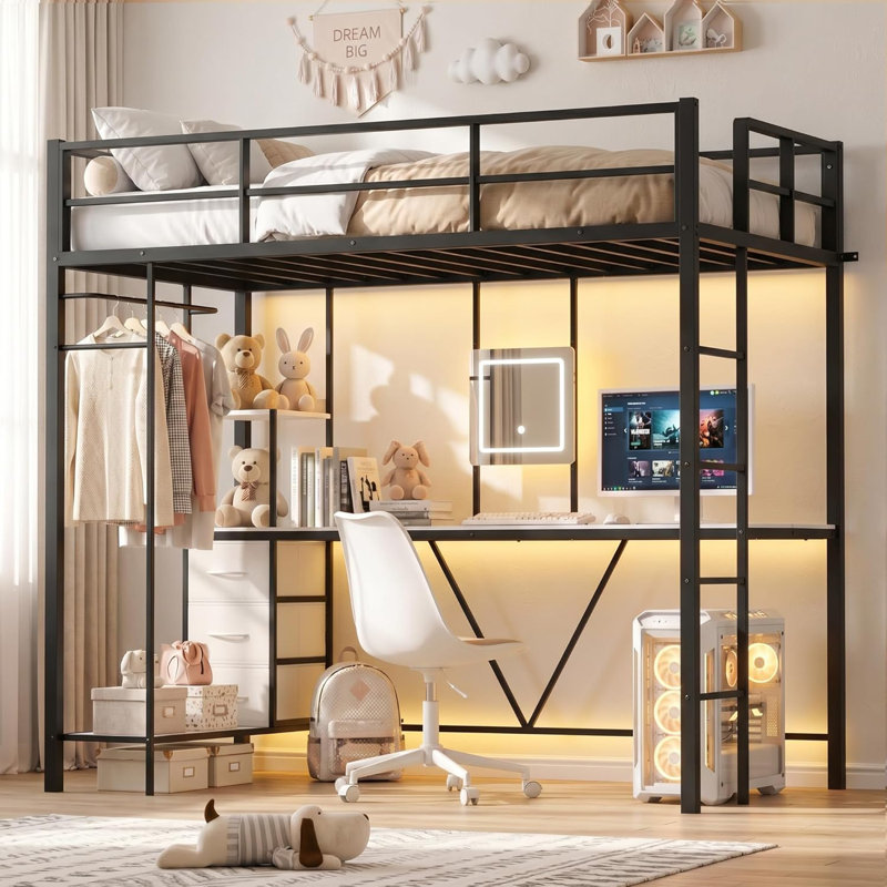 Lit mezzanine simple avec coiffeuse et tiroirs de rangement intégrés, Black