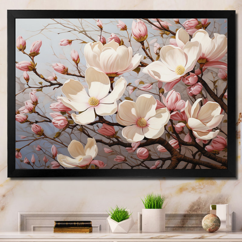 Blanc, rose, magnolia Magnolia Symphony I - art sur toile Magnolias, Cadre simple noir, H 16 po x l 32 po x P 1 po