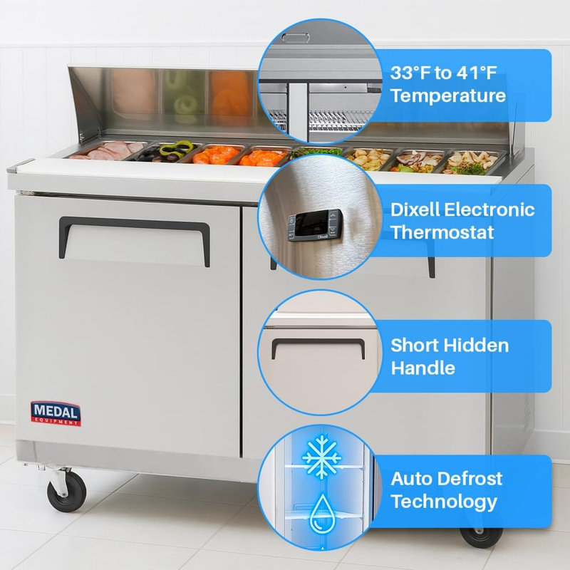 Table de préparation pour sandwich / salade commerciale de 48 po Medal Équipement | 2 portes solides en acier inoxydable capacité de 12 pieds cubes 12 casseroles | Garantie de 5 ans sur les compresseurs Nsf 33 ° f-41 ° f R290