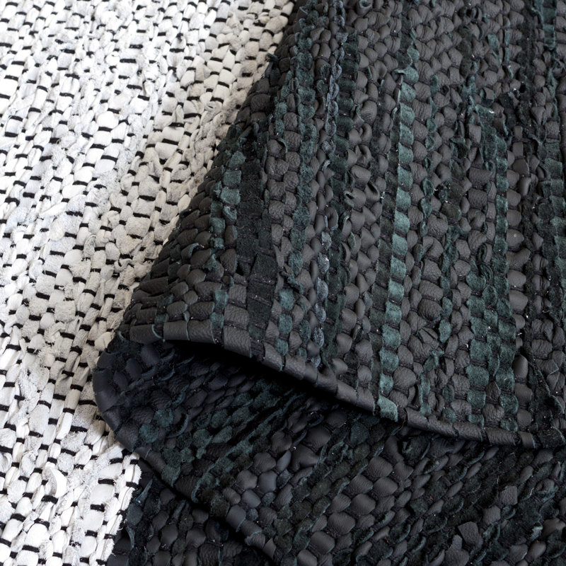 Stadler Hand Woven Leather/Cotton Solid Color Rug in Light Gray/Black, Rectangle 5' x 8'