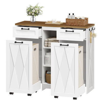 Armoire à linge avec 2 paniers à linge amovibles sur roulettes, armoire à linge avec 2 tiroirs et 3 compartiments ouverts, armoire à poubelle cachée en bois