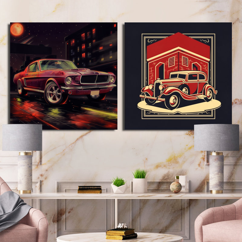 Red and Black Revving The Canvas - Cars American Muscle Square, ensemble de 2 collages, Toile tendue, H 16 po x l 33 po