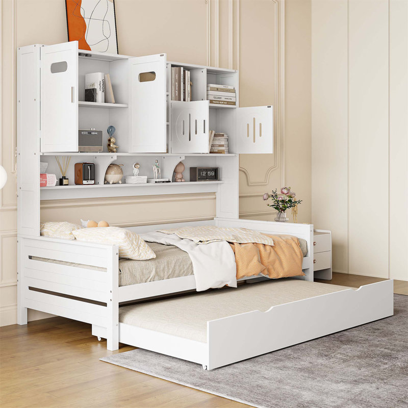 Lit de jour en bois avec lit gigogne, armoire et tablette tout-en-un pour des solutions de chambre à coucher compactes et élégantes