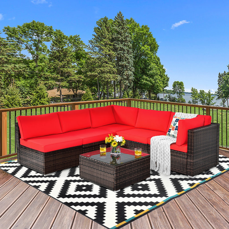 Ensemble de canapé modulaire d'extérieur en rotin 6 pièces Latitude Run® avec coussins turquoise, Rouge
