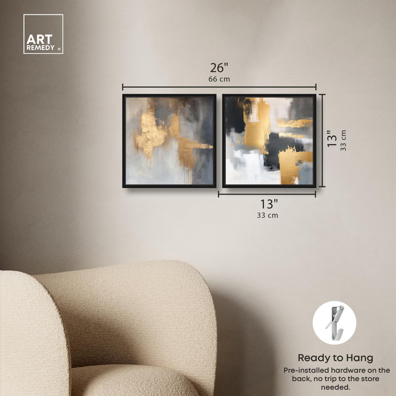 «Gilded Tranquil Abstract Art», ensemble de 2 panneaux sur toile par , H 13 po x l 13 po, Noir