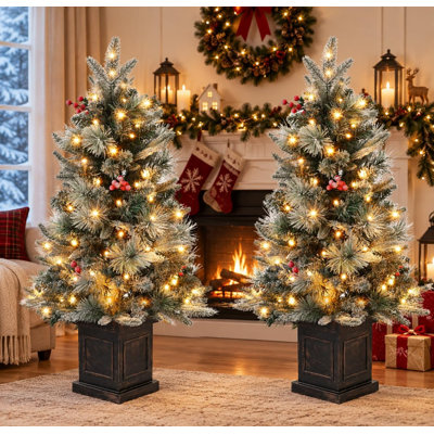 2pcs 3Ft Pre-Lit Artificial Christmas Tree with Dual-Color LED Lights, Tabletop Indoor Xmas Tree with 8 Lighting Modes, Snowman Weighted Base, Battery Operated Holiday Décor for Home, Office, Party