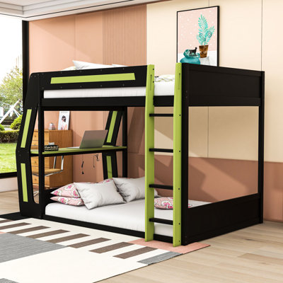 Full Over Full Wood Gaming Bunk Bed With Desk, USB Charging Ports And LED Light