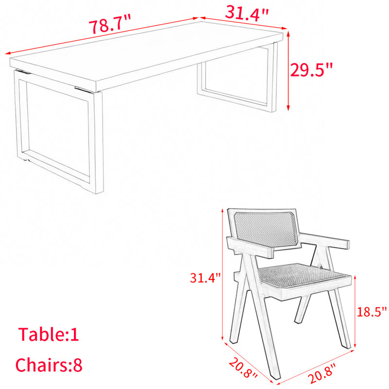 Ensemble de table de salle à manger en bois massif de style nordique, H 29,5 po x L 78,7 po x l 31,4 po