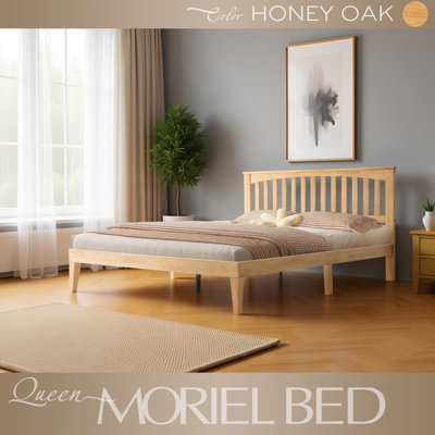 Moriel Queen Size Transitional Modern Solid Wood Platform Bed Frame, MOB-41-Q, with Shaker Headboard, Honey Oak, No Box Spring Needed
