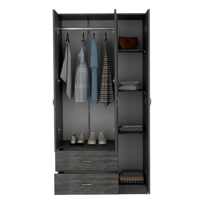 Armoire Ferrante avec trois tiroirs, cinq tablettes et tringle, rangement de chambre à coucher moderne, Chêne fumé