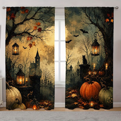 2Pcs rideaux d'Halloween effrayants, château hanté rétro et scène de citrouille filtrant la lumière pour le salon, la chambre, la cuisine, le patio, le jardin et les rideaux