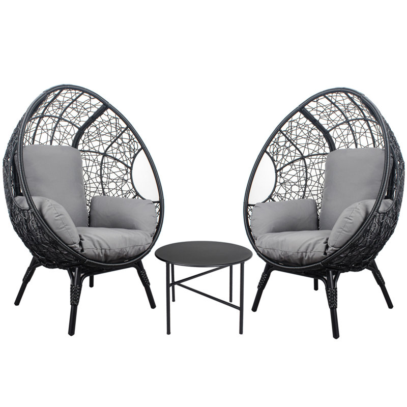 3 Pieces Patio Egg Chairs  With Side Table Set, Black/Grey