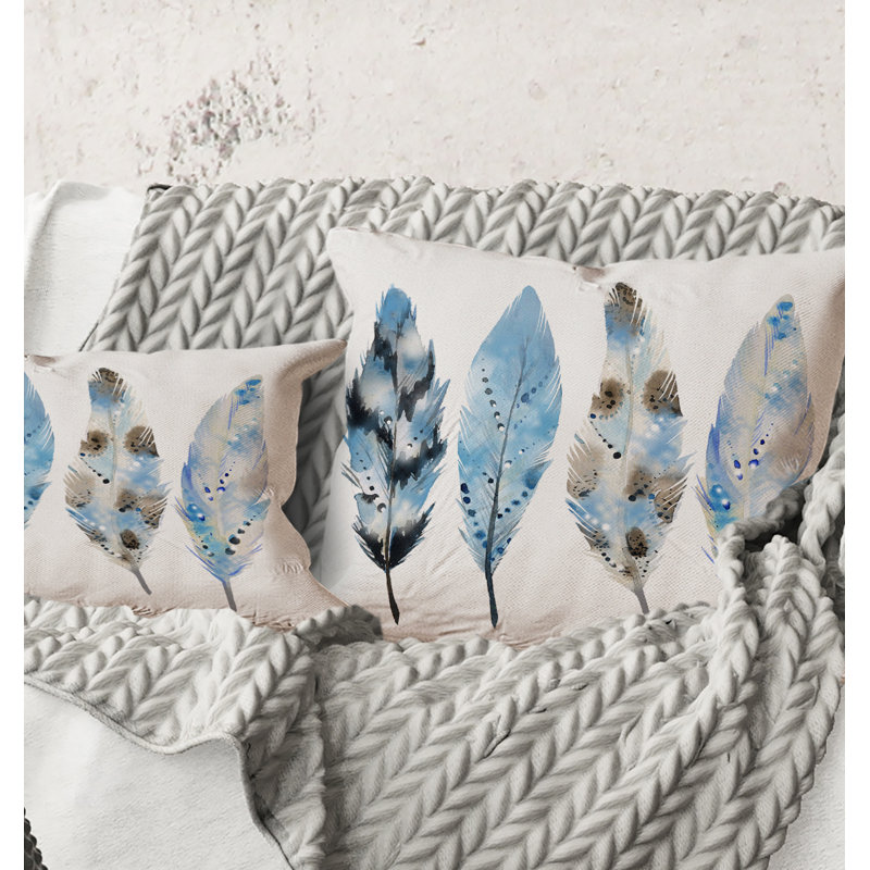 Square, Blue Boho Feathers I - Coussin décoratif imprimé bohémien et éclectique, 16" x 16"