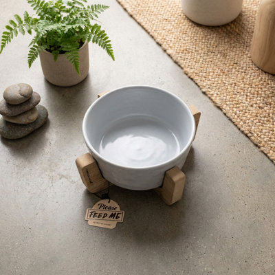 Ensemble de bols modernes en céramique grise pour animaux de compagnie avec support en bois naturel (16 cm L x 16 cm P x 9 cm H)
