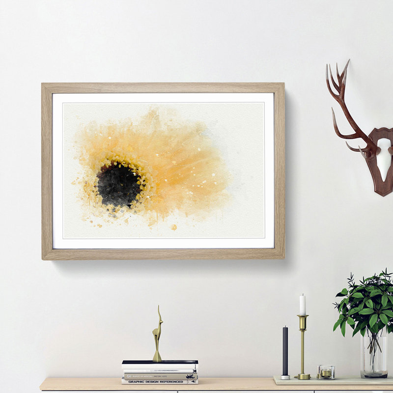 Pale Yellow Gerbera in Abstract - Picture Frame Painting Print, 62cm H x 87cm W x 2cm D, Oak Framed