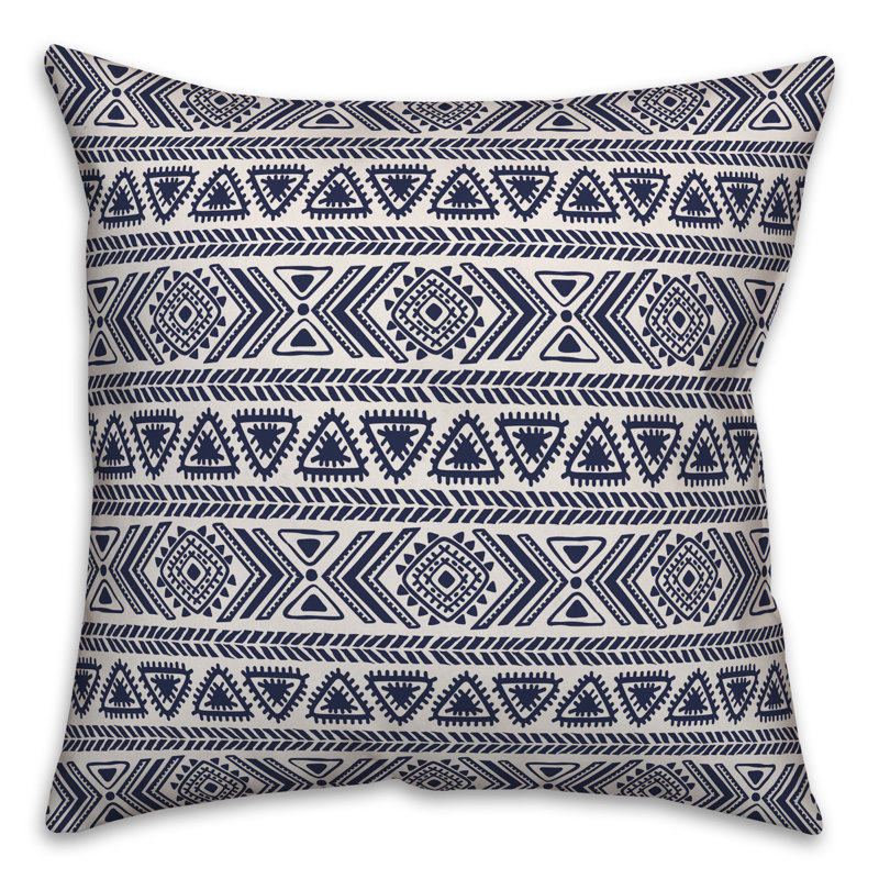  Coussin Tribal Sketches, Blanc / Bleu marine, 18 po x 18 po