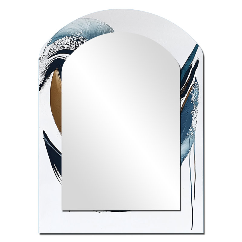 White And Blue Folk Fruit Abstract III - Abstract Asymmetrical Wall Mirror, Blue Arch Decorative Mirror, Printed Metal Art