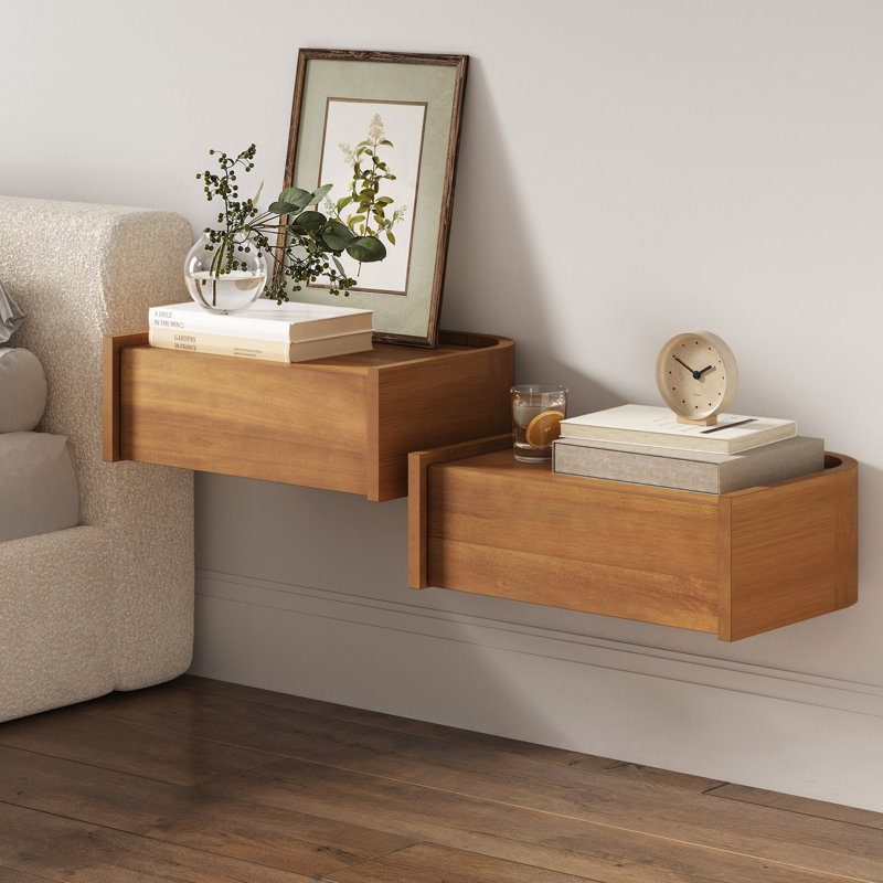 Floating 1-Drawer Nightstand Bedside Table With Rounded Edges, Set of 2