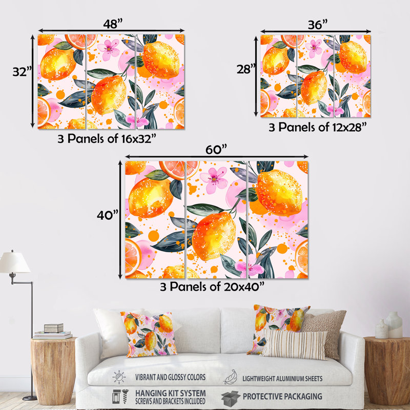 Ensemble de décorations murales jaune et rose, Sans cadre, H 32 po x l 48 po