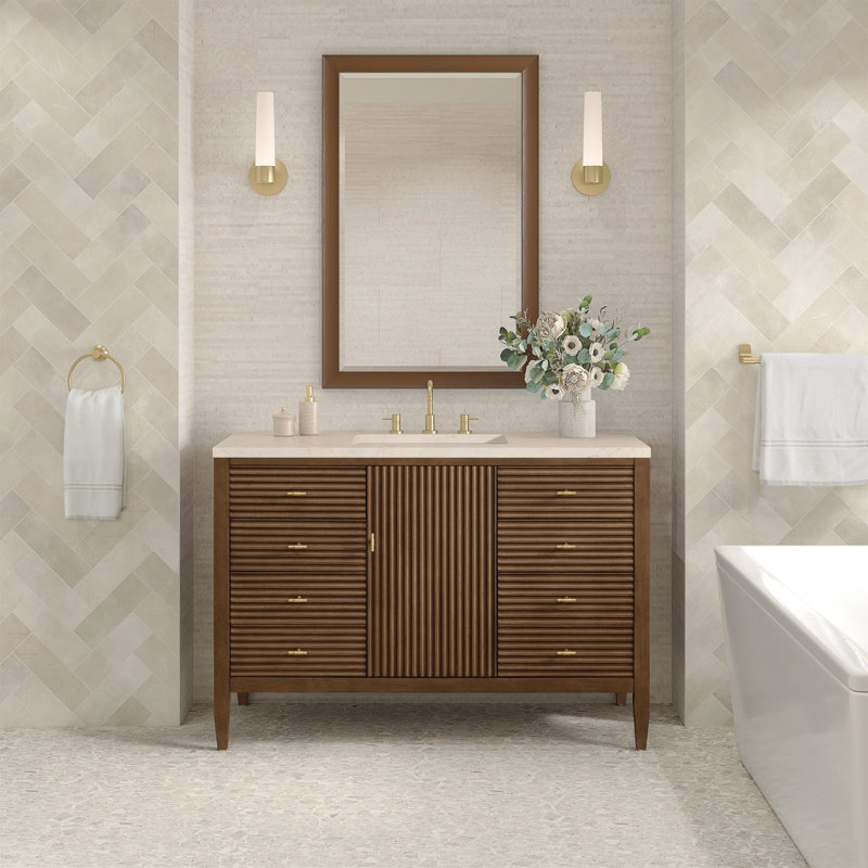 Myrrin 48'' W Single Vanity, White Zeus, Mid-Century Walnut, 8" Widespread