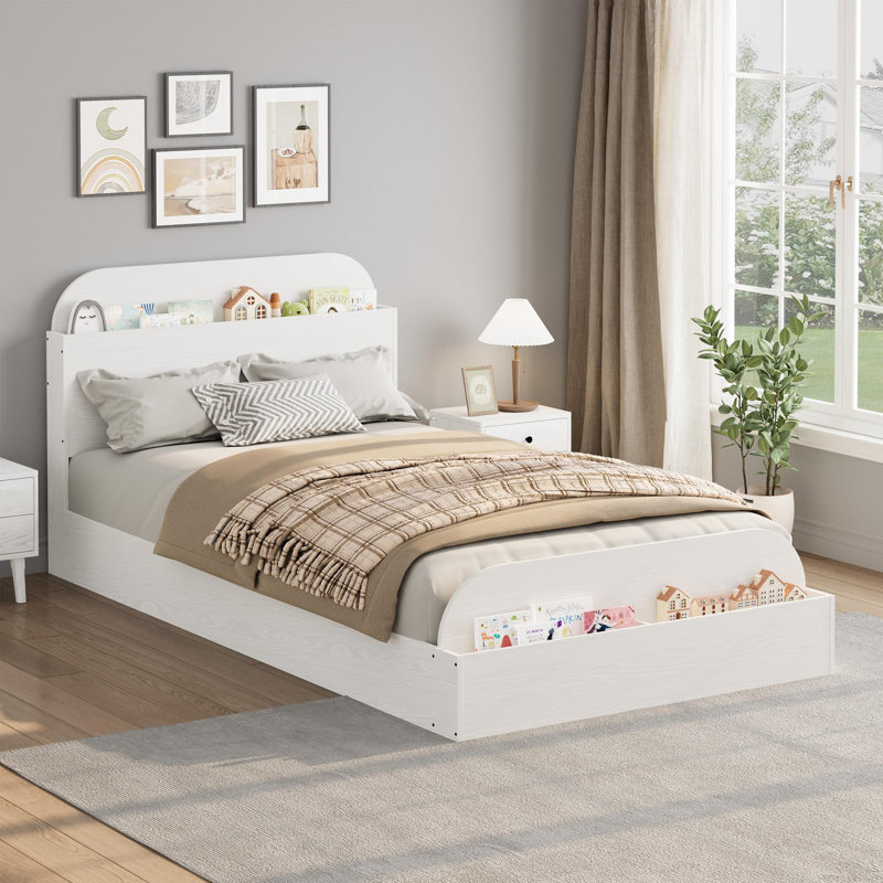 Structure de lit simple avec tête de lit, pied de lit surélevé et plateforme basse pour enfants, Blanc