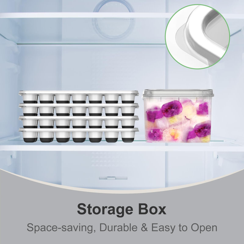 Ice Cube Tray, 4 Pack Stackable Silicone Rectangular 14-Ice Cube Tray Set With Lid & Bin, BPA-Free Sturdy Reusable Freezer Ice Trays For Drinks, Cocktails & Coffee - Easy Release(Black)