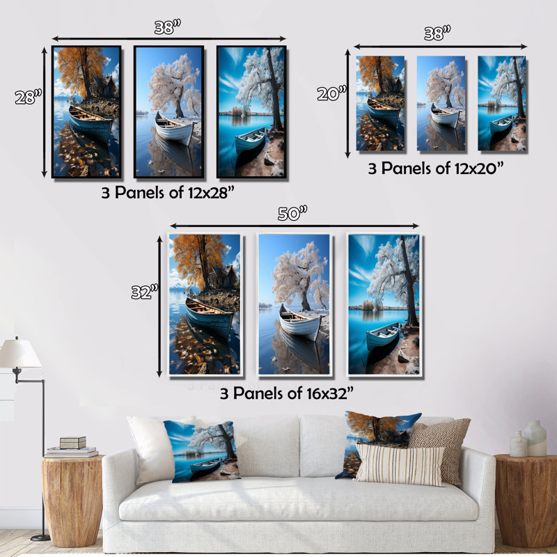 «Blue Lakeside Hideaway», 3 pièces sur toile, Encadré naturel, H 28 po x l 36 po