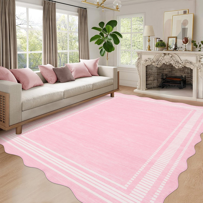 10 x 13 ft Pink Rectangular Polyester Bedroom Living Room Dining Room Nursery Room Solid Indoor Modern Non Slip Machine Washable Area Rug
