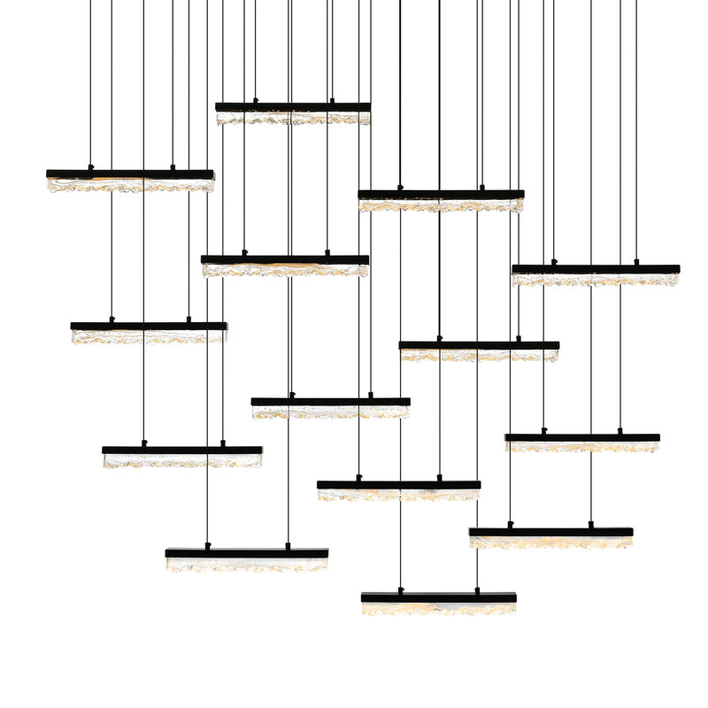 60in Black LED Chandelier with Textured Handmade Glass – Modern Ceiling Light Fixture for Dining Room, Living Room, Kitchen Island