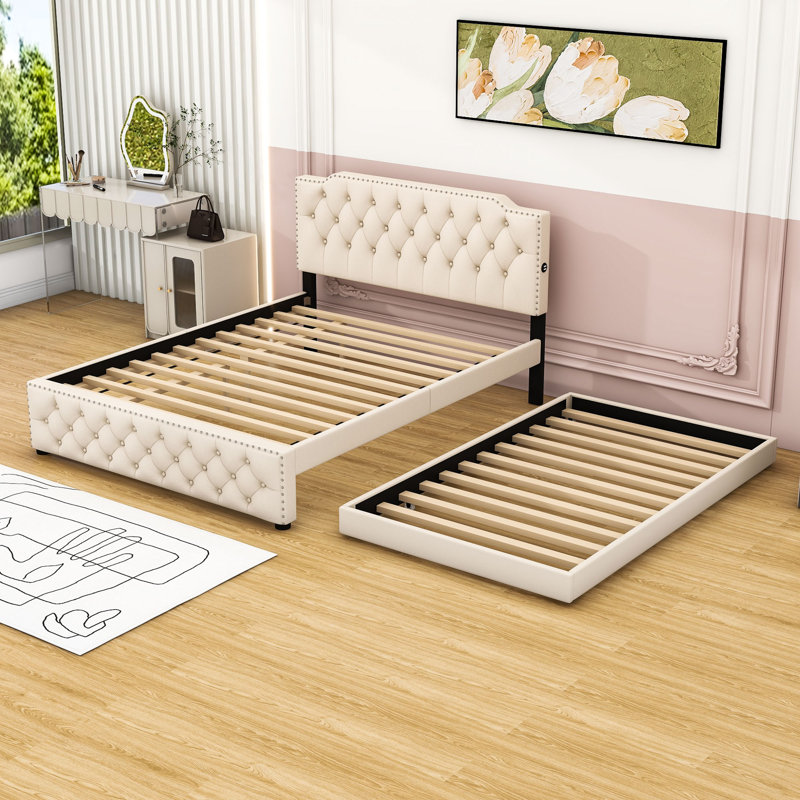 Lit plateforme tapissier grand avec lit gigogne simple Dyonna, Grand, Beige
