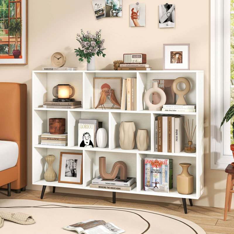 10 Cube Bookcase 3-Tier Modern Storage Organizer with 5 Metal Legs Bookshelves, 42"H x 55"W x9.5"D