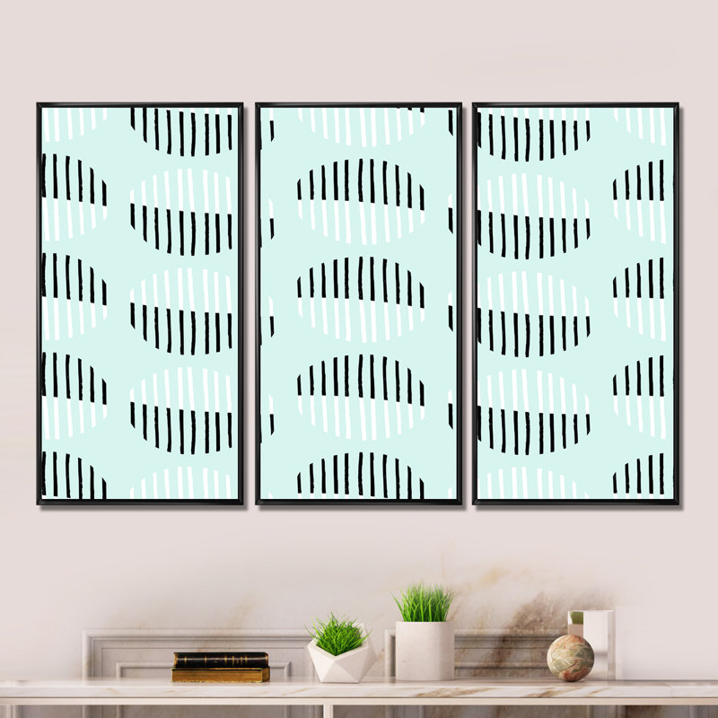 Mid Mid Century Turquoise Half Moons - 3 pièces, reproduction sur toile, Cadre noir, H 28 po x l 36 po x P 1 po