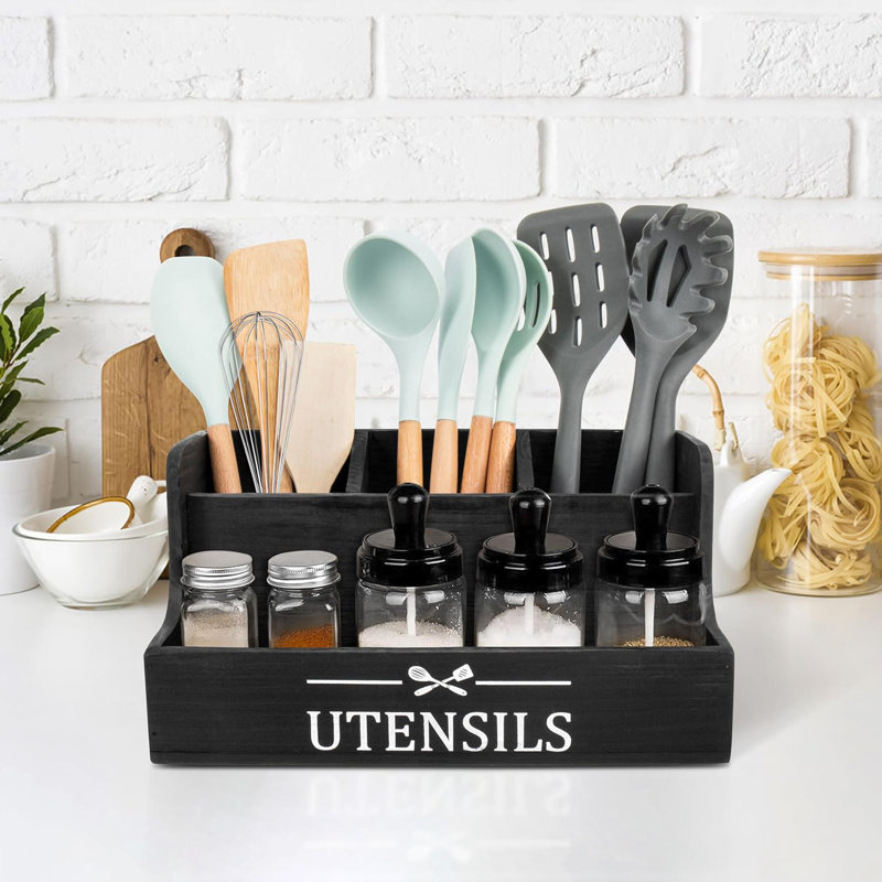 Très grand porte-ustensiles de cuisine 4 compartiments, organisateur d'ustensiles en bois pour comptoir de cuisine, porte-ustensiles de cuisine de ferme avec espace de rangement pour épices (noir)