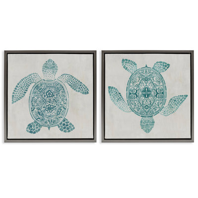Geometric Maritime Sea Turtles 2 Piece Framed Floater Canvas Set, design by Hannah Dawson