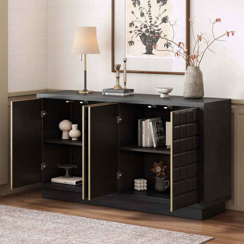 Armoire de rangement moderne à 4 portes avec façades géométriques 3D et tablettes réglables Larsen, Noir