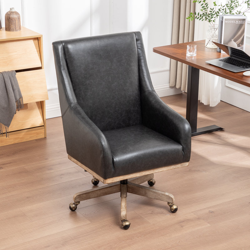 Chaise de bureau en cuir véritable Jamestown avec pieds en bois massif, Noir rétro