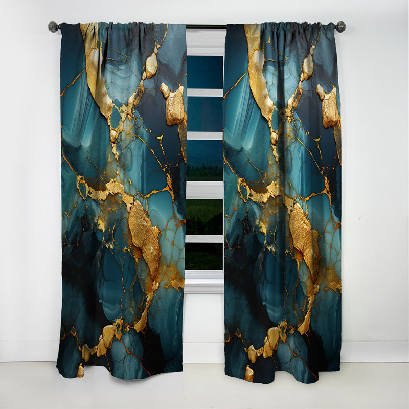 Panneau de rideau abstrait, motif agate vert doré occultant - agate topaze dorée et granit vert IV, L 52 po x L 90 po