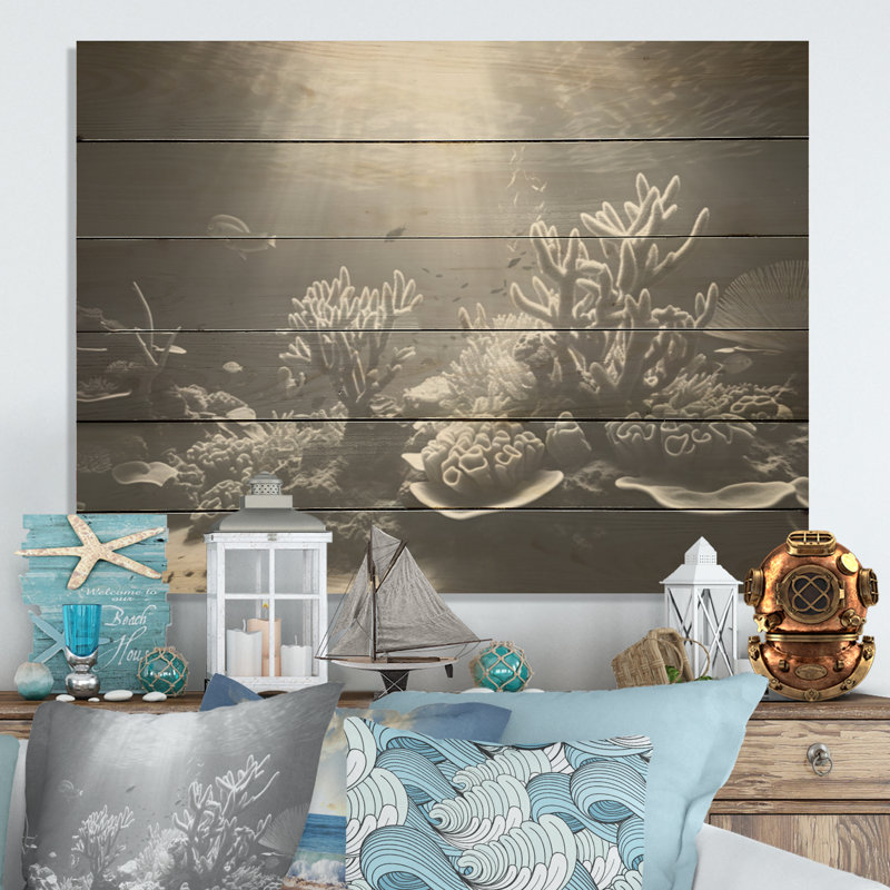 «Black and White Coral Ballet - Coastal Coral Under Water Wood, art mural sur bois de pin naturel, H 30 po x l 40 po