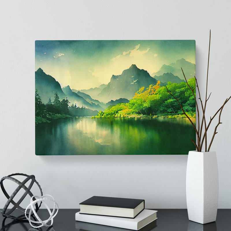 Watercolour River Mountains - Wrapped Canvas, 40cm H x 60cm W x 3cm D
